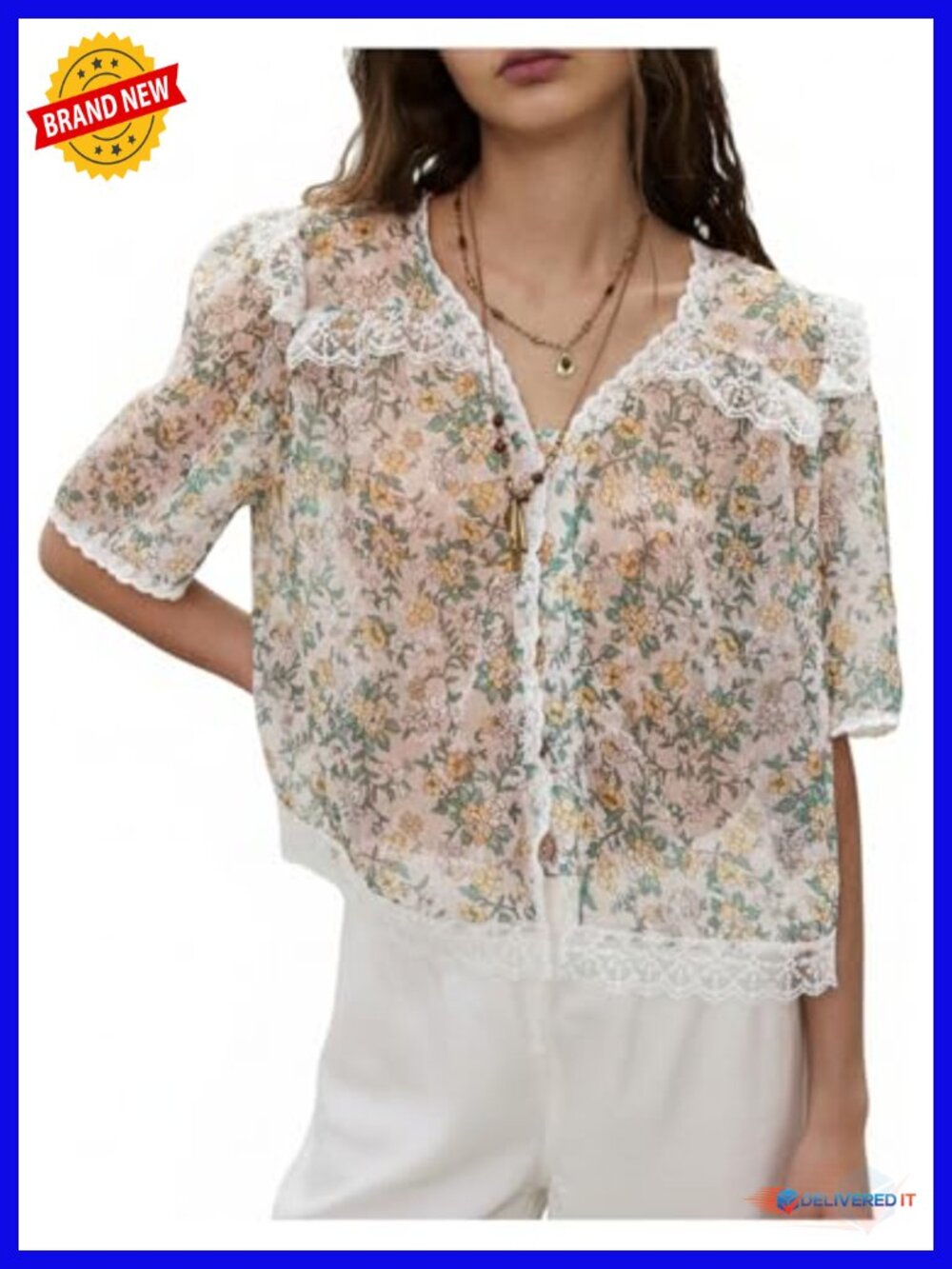 Boho Floral Sheer Lace Trim Button Down Ruffle Blouse